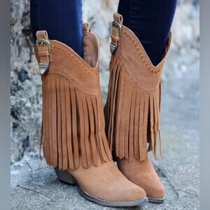 Very Volatile Hillside Fringe Cowgirl Western Buckle Boots Tan Brown Size 7.5